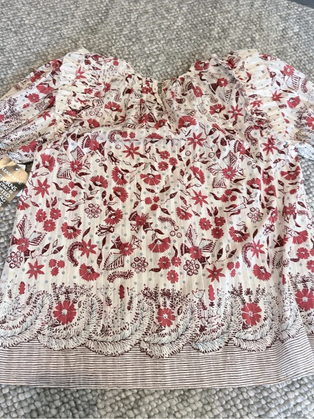Ulla Johnson Cream Blouse with Coral Floral Print and Ruffled Shoulders